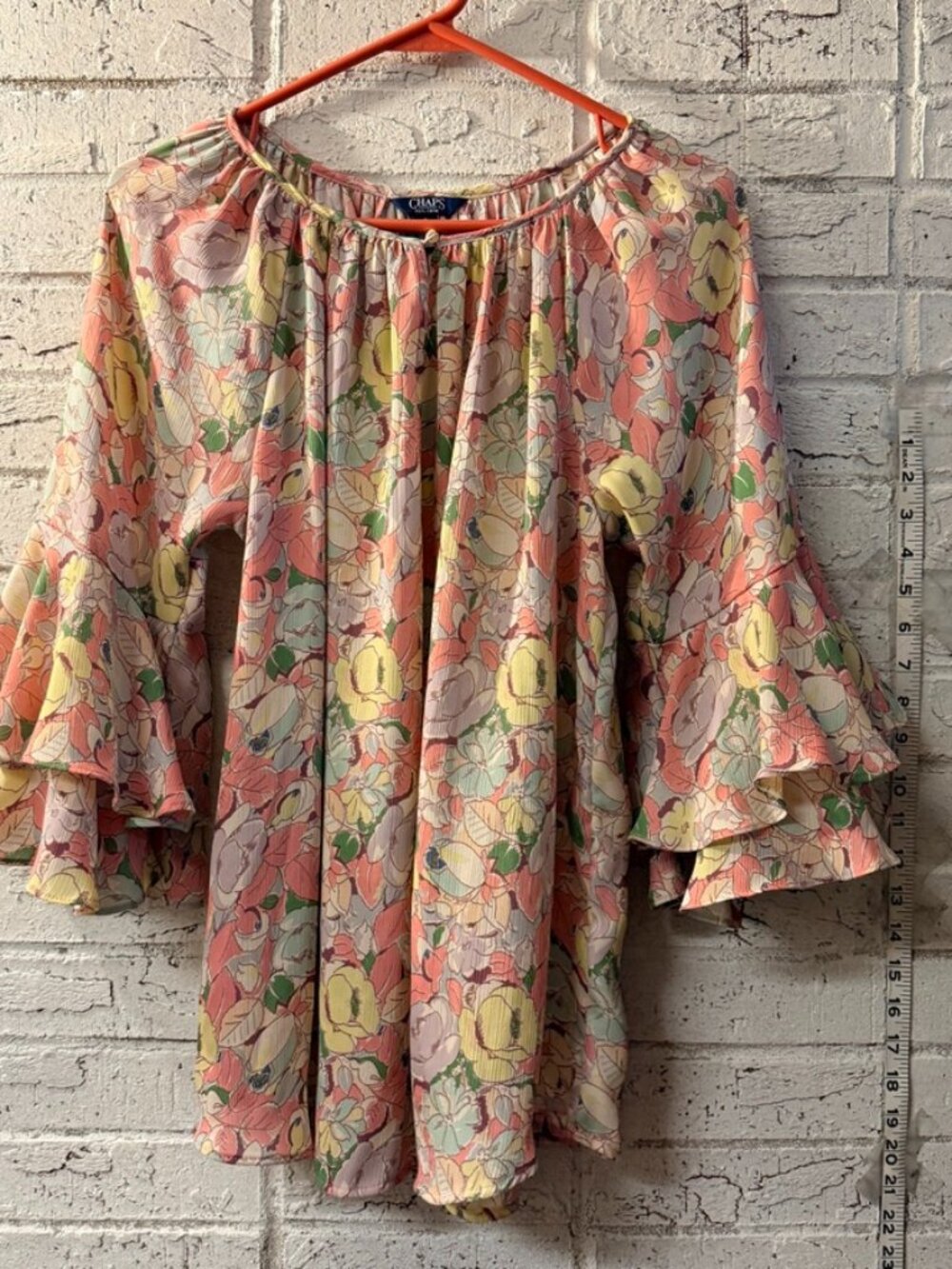 Chaps Womens M Floral Bell Sleeve Blouse Pink Cottagecore Boho Peasant Top
